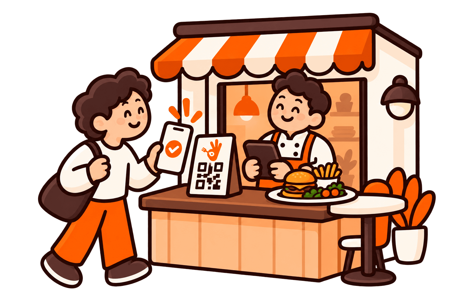 Au restaurant, le client scanne le QR code pendant que le personnel valide le deal.